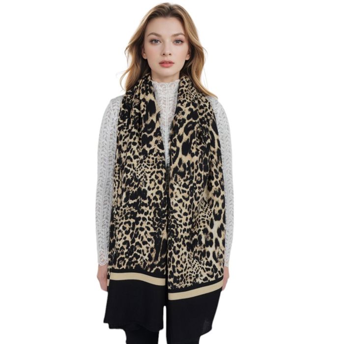 Women's Classic Leopard Print Scarf Contrasting Stripes Lightweight Shawl Wrap Scarves