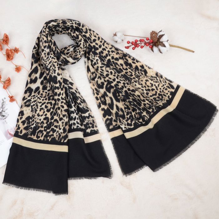 Women's Classic Leopard Print Scarf Contrasting Stripes Lightweight Shawl Wrap Scarves