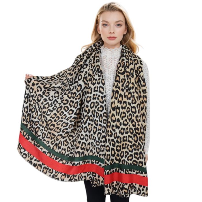 Women's Classic Leopard Print Scarf Contrasting Stripes Lightweight Shawl Wrap Scarves