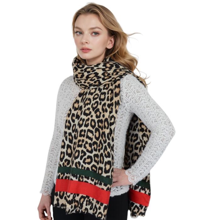 Women's Classic Leopard Print Scarf Contrasting Stripes Lightweight Shawl Wrap Scarves