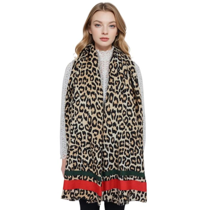 Women's Classic Leopard Print Scarf Contrasting Stripes Lightweight Shawl Wrap Scarves