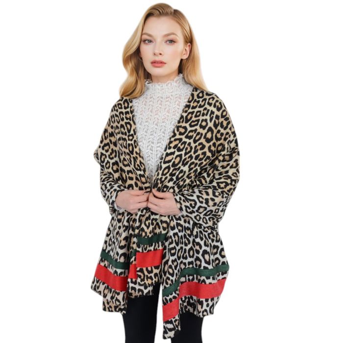 Women's Classic Leopard Print Scarf Contrasting Stripes Lightweight Shawl Wrap Scarves