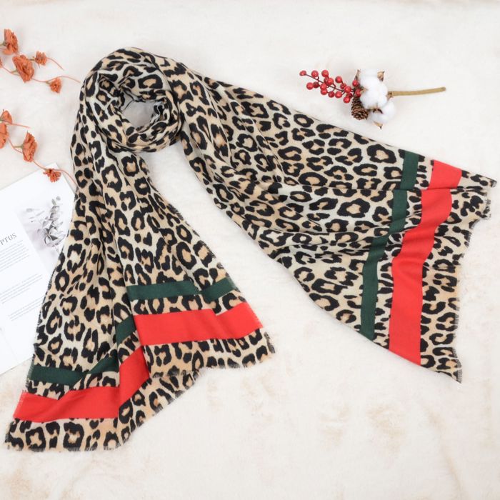 Women's Classic Leopard Print Scarf Contrasting Stripes Lightweight Shawl Wrap Scarves