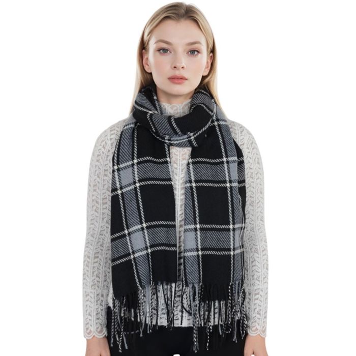 Classic Plaid Winter Scarf Cashmere Feel Checked Fringe Wrap Shawls for Women