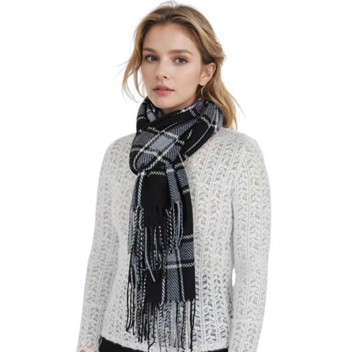 Classic Plaid Winter Scarf Cashmere Feel Checked Fringe Wrap Shawls for Women