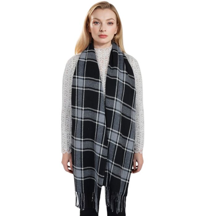 Classic Plaid Winter Scarf Cashmere Feel Checked Fringe Wrap Shawls for Women