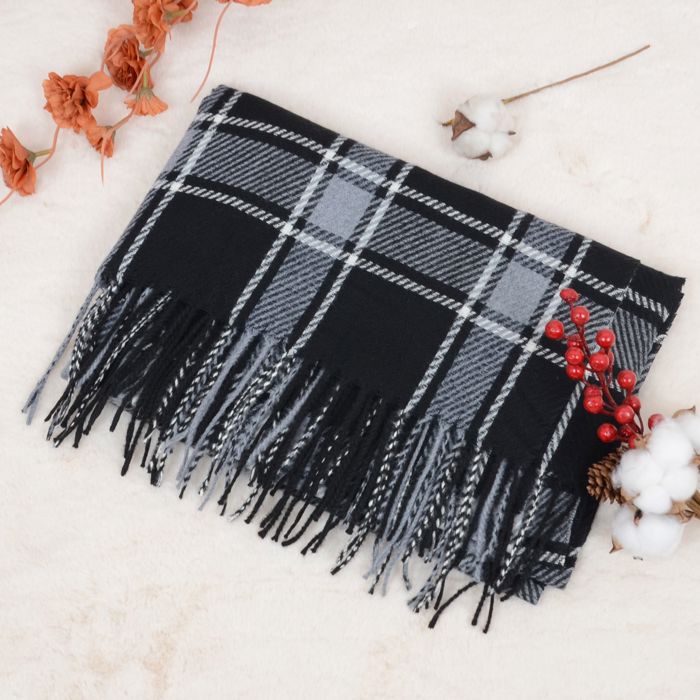 Classic Plaid Winter Scarf Cashmere Feel Checked Fringe Wrap Shawls for Women