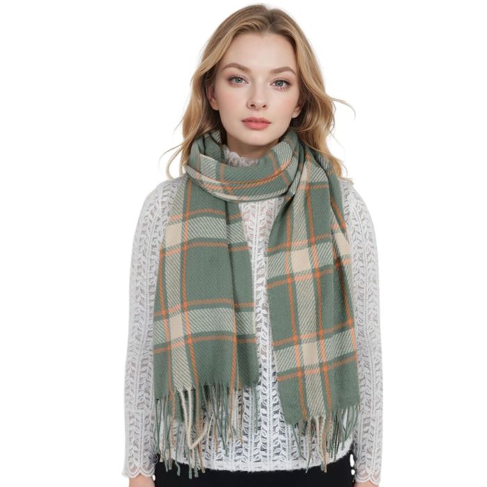 Classic Plaid Winter Scarf Cashmere Feel Checked Fringe Wrap Shawls for Women