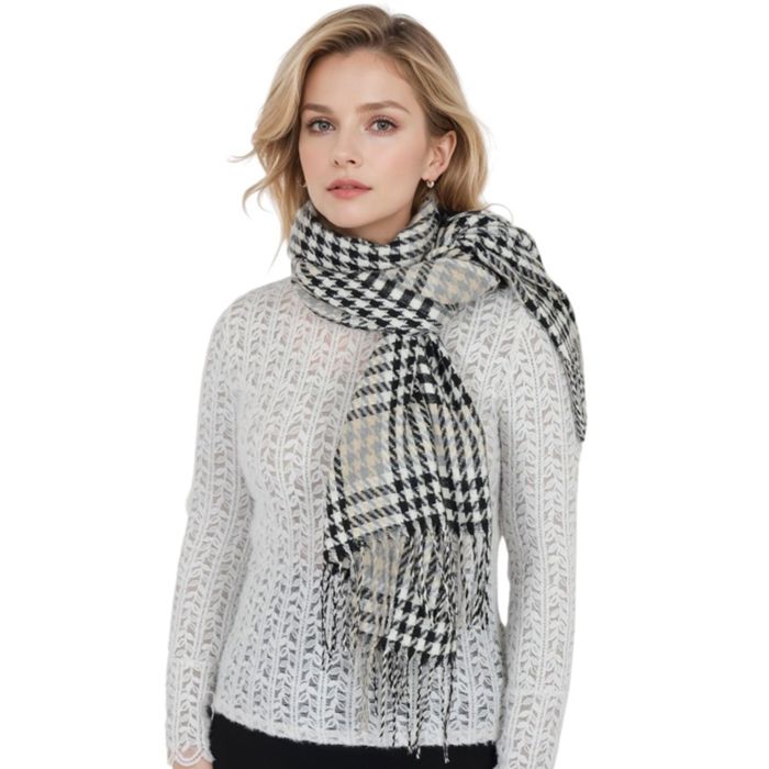 Women's Houndstooth Plaid Winter Scarf Soft Fringe Oversized Wrap Shawls