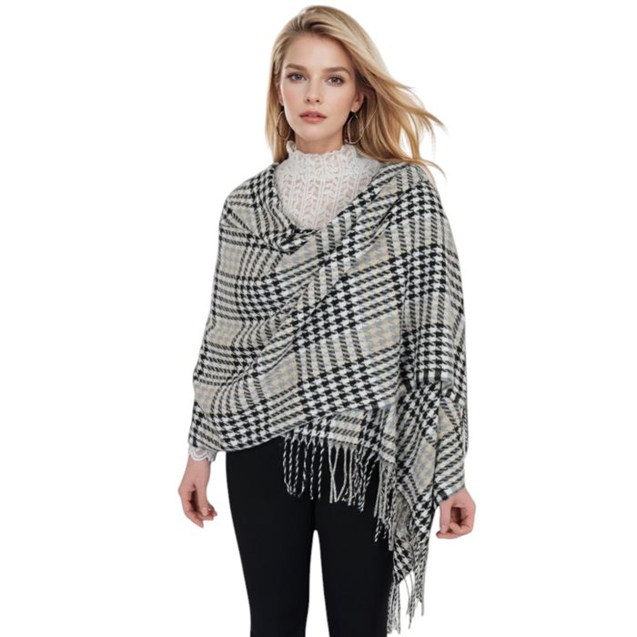 Women's Houndstooth Plaid Winter Scarf Soft Fringe Oversized Wrap Shawls