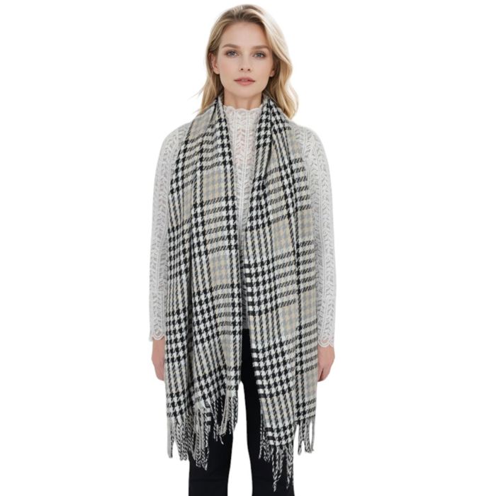 Women's Houndstooth Plaid Winter Scarf Soft Fringe Oversized Wrap Shawls