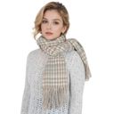 Beige Women's Houndstooth Plaid Winter Scarf Soft Fringe Oversized Wrap Shawls