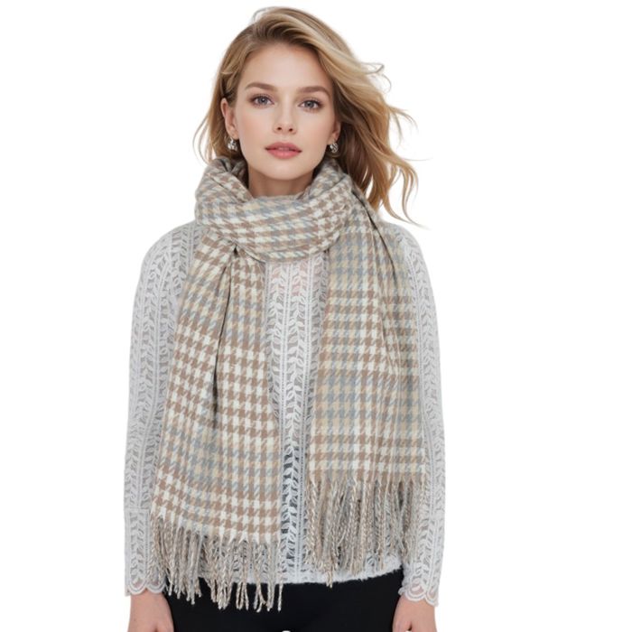 Women's Houndstooth Plaid Winter Scarf Soft Fringe Oversized Wrap Shawls