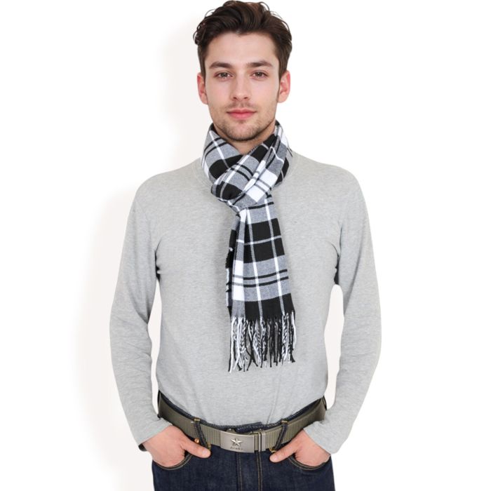 Men's Classic Plaid Patterned Scarf with Fringed Edges Soft Lightweight Winter Accessory for Timeless Style