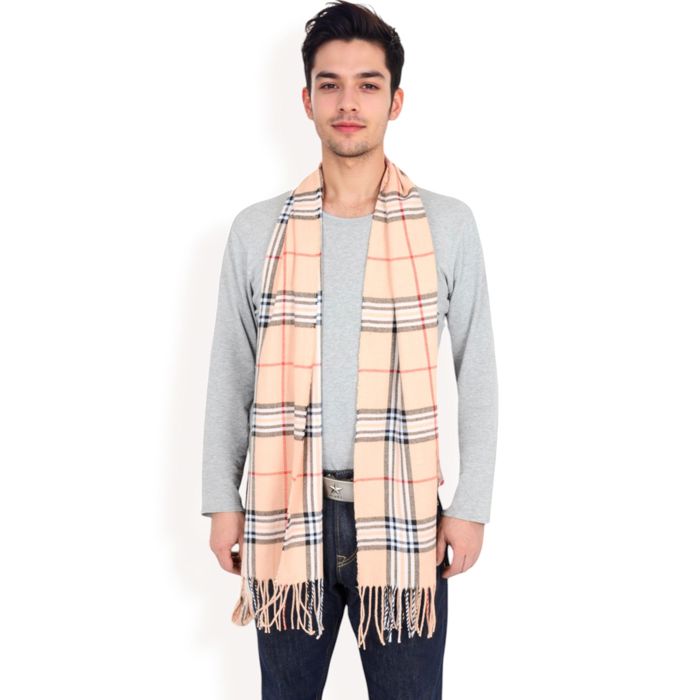 Men's Classic Plaid Patterned Scarf with Fringed Edges Soft Lightweight Winter Accessory for Timeless Style