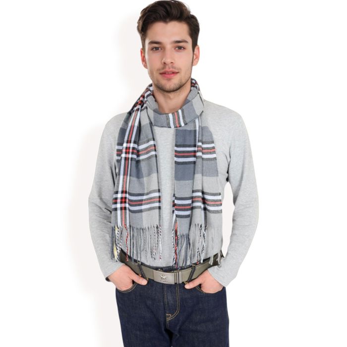 Men's Classic Plaid Patterned Scarf with Fringed Edges Soft Lightweight Winter Accessory for Timeless Style