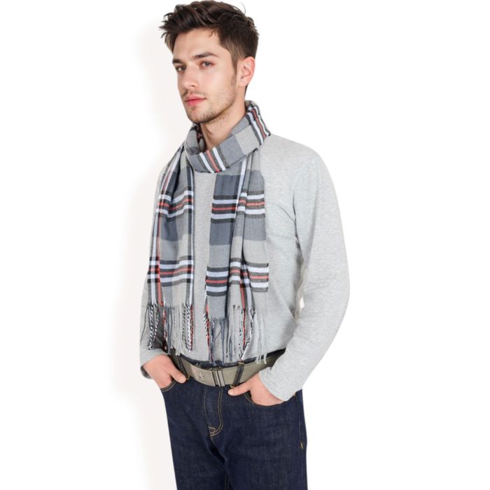 Men's Classic Plaid Patterned Scarf with Fringed Edges Soft Lightweight Winter Accessory for Timeless Style