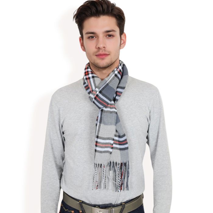 Men's Classic Plaid Patterned Scarf with Fringed Edges Soft Lightweight Winter Accessory for Timeless Style