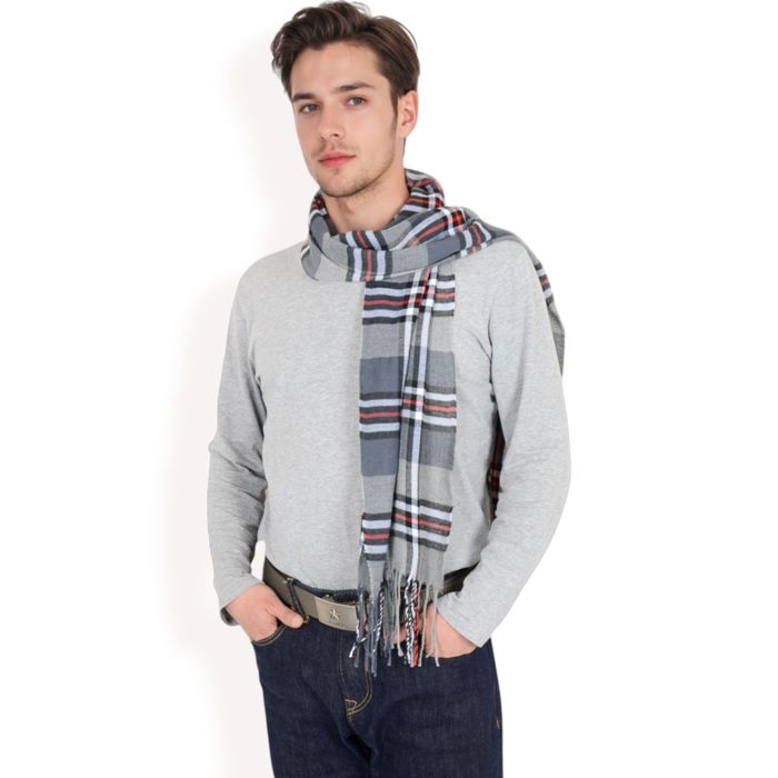 Men's Classic Plaid Patterned Scarf with Fringed Edges Soft Lightweight Winter Accessory for Timeless Style