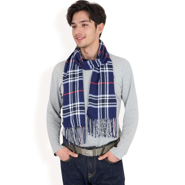 Men's Classic Plaid Patterned Scarf with Fringed Edges Soft Lightweight Winter Accessory for Timeless Style