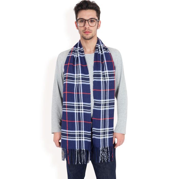 Men's Classic Plaid Patterned Scarf with Fringed Edges Soft Lightweight Winter Accessory for Timeless Style