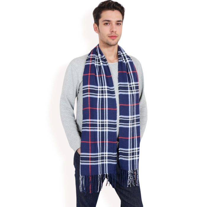 Men's Classic Plaid Patterned Scarf with Fringed Edges Soft Lightweight Winter Accessory for Timeless Style