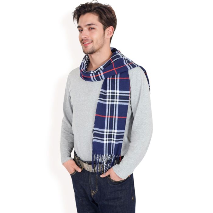 Men's Classic Plaid Patterned Scarf with Fringed Edges Soft Lightweight Winter Accessory for Timeless Style