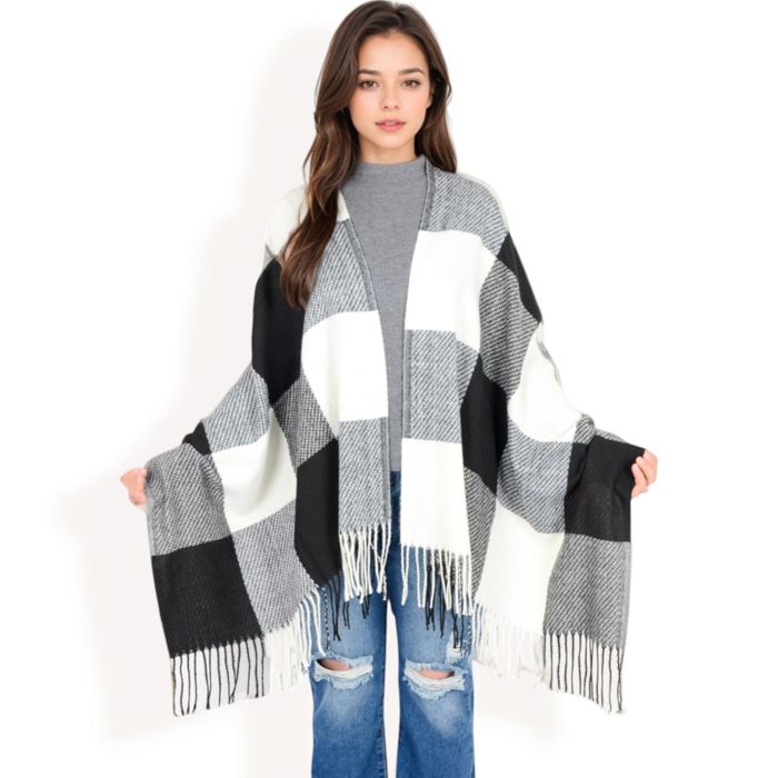 Women's Oversized Plaid Blanket Scarf with Fringe Trim and Soft Textured Fabric