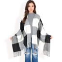 Black Women's Oversized Plaid Blanket Scarf with Fringe Trim and Soft Textured Fabric