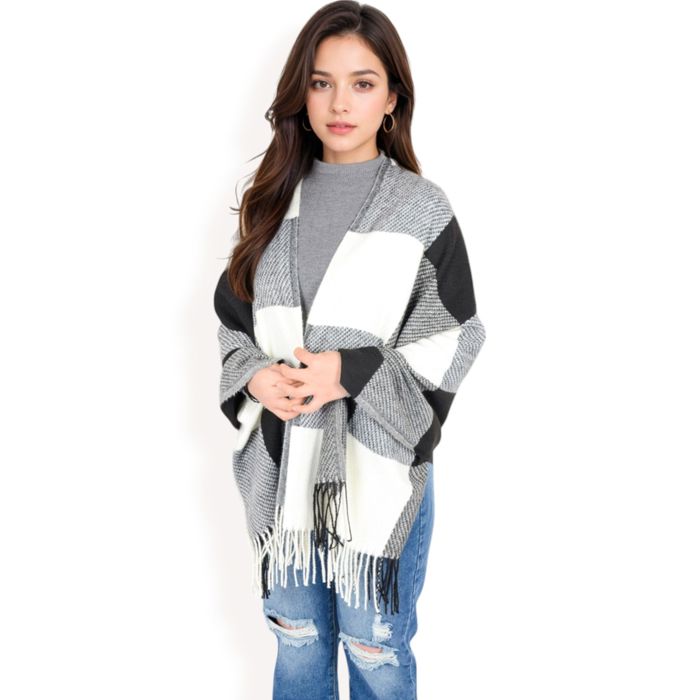 Women's Oversized Plaid Blanket Scarf with Fringe Trim and Soft Textured Fabric