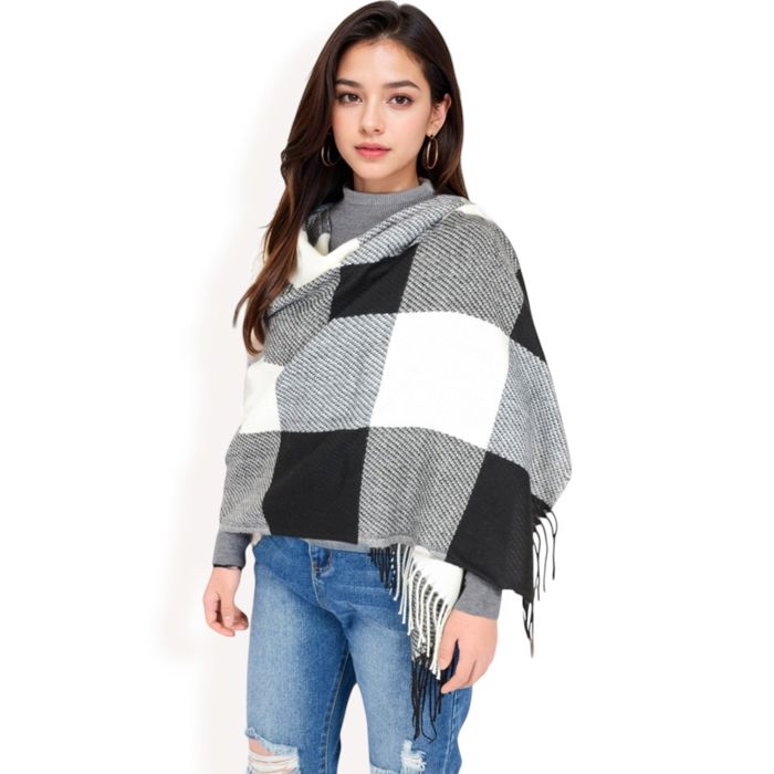 Women's Oversized Plaid Blanket Scarf with Fringe Trim and Soft Textured Fabric