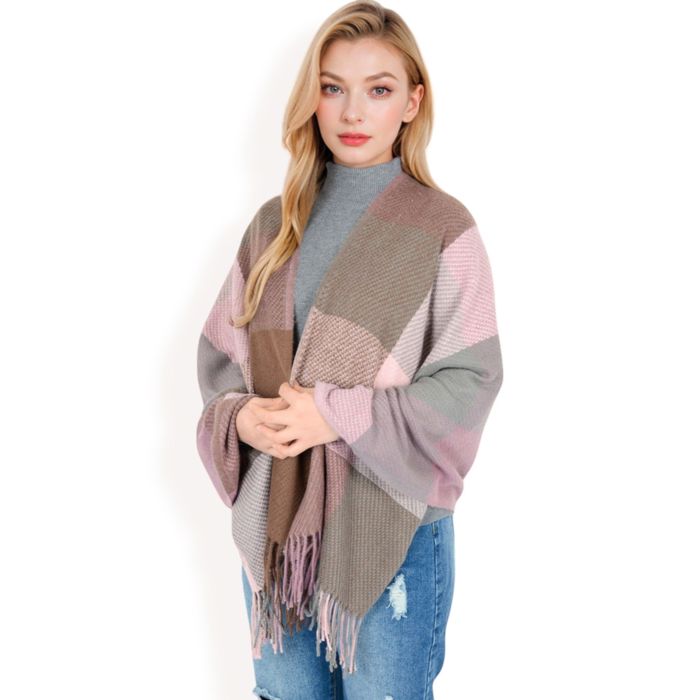 Women's Oversized Plaid Blanket Scarf with Fringe Trim and Soft Textured Fabric