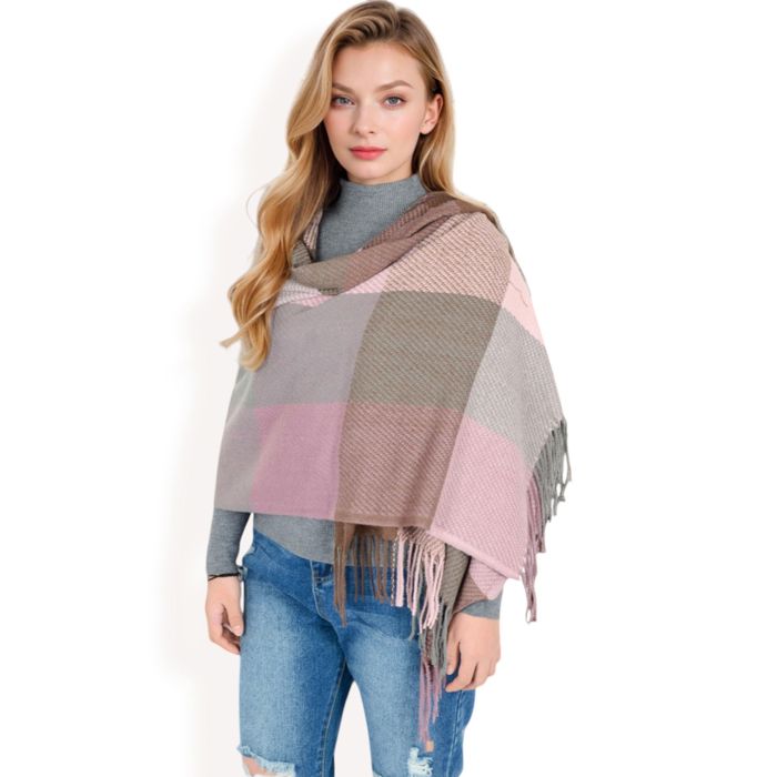 Women's Oversized Plaid Blanket Scarf with Fringe Trim and Soft Textured Fabric