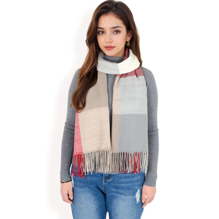 Women's Oversized Plaid Blanket Scarf with Fringe Trim and Soft Textured Fabric