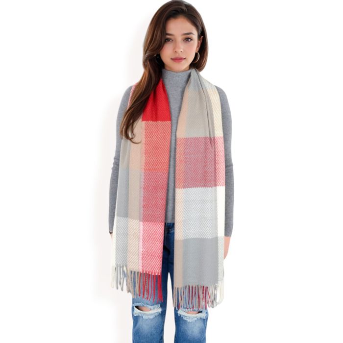 Women's Oversized Plaid Blanket Scarf with Fringe Trim and Soft Textured Fabric