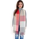 Red Women's Oversized Plaid Blanket Scarf with Fringe Trim and Soft Textured Fabric