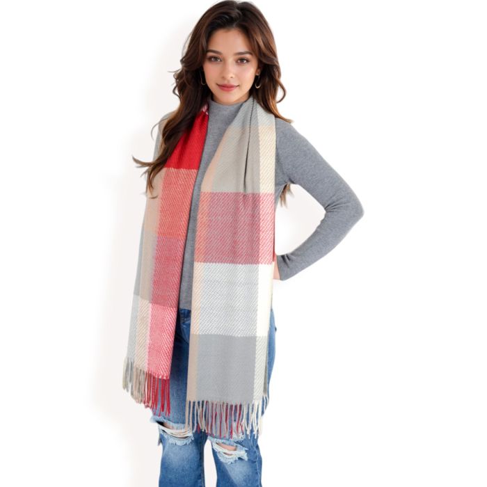 Women's Oversized Plaid Blanket Scarf with Fringe Trim and Soft Textured Fabric