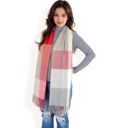 Red Women's Oversized Plaid Blanket Scarf with Fringe Trim and Soft Textured Fabric