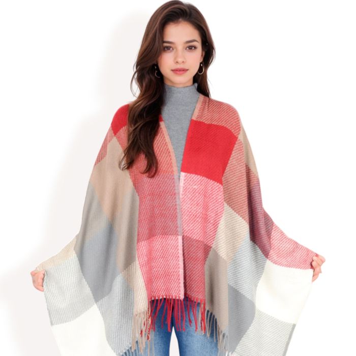 Women's Oversized Plaid Blanket Scarf with Fringe Trim and Soft Textured Fabric