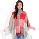 Red Women's Oversized Plaid Blanket Scarf with Fringe Trim and Soft Textured Fabric