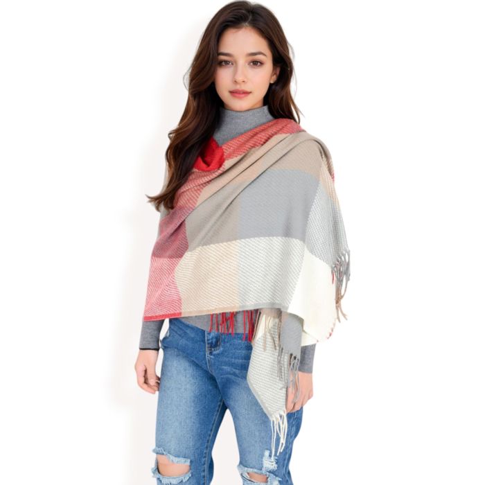 Women's Oversized Plaid Blanket Scarf with Fringe Trim and Soft Textured Fabric