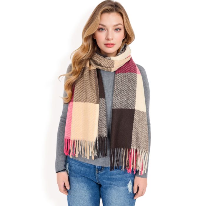 Women's Oversized Plaid Blanket Scarf with Fringe Trim and Soft Textured Fabric