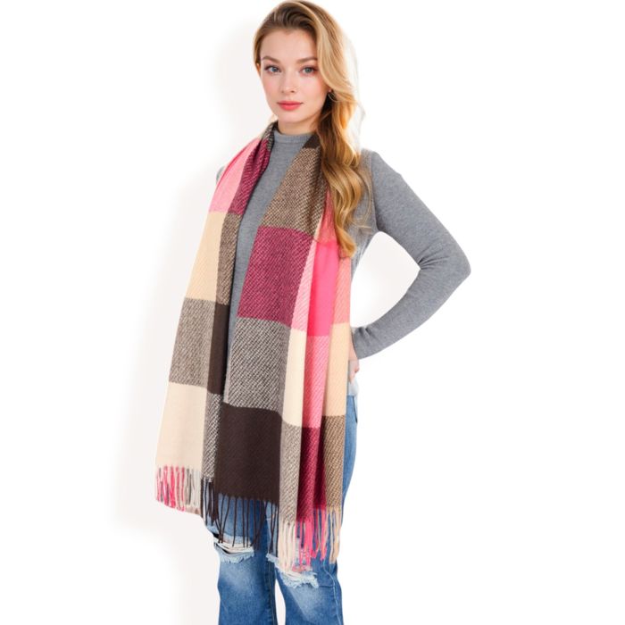 Women's Oversized Plaid Blanket Scarf with Fringe Trim and Soft Textured Fabric