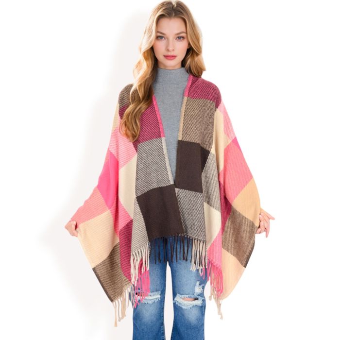 Women's Oversized Plaid Blanket Scarf with Fringe Trim and Soft Textured Fabric