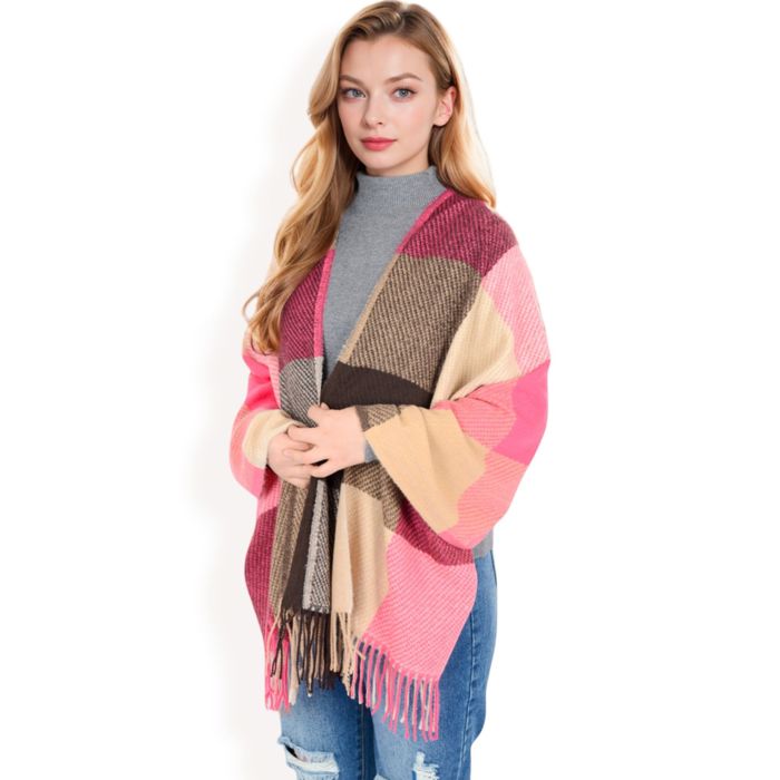 Women's Oversized Plaid Blanket Scarf with Fringe Trim and Soft Textured Fabric