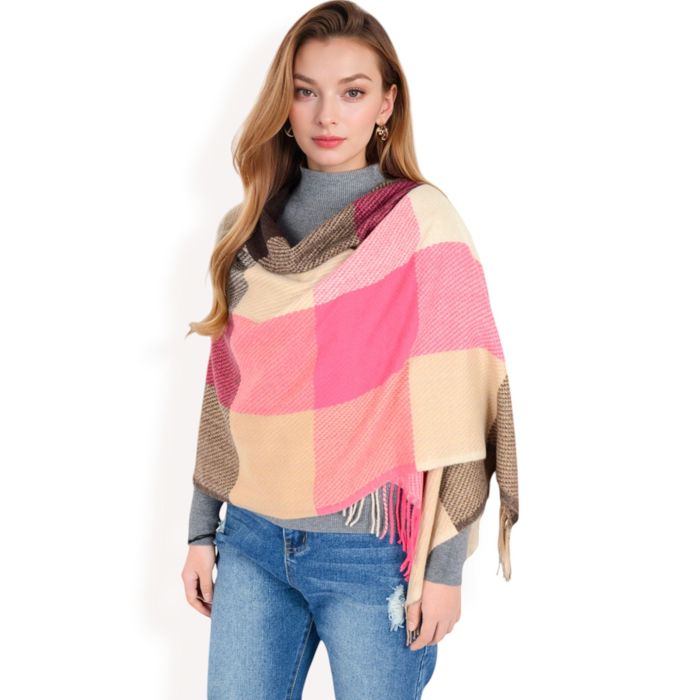 Women's Oversized Plaid Blanket Scarf with Fringe Trim and Soft Textured Fabric