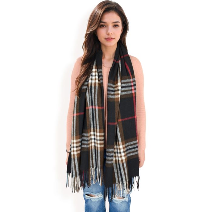 Women's Plaid Pattern Scarf with Fringed Edges and Soft Lightweight Material for Year-Round Use