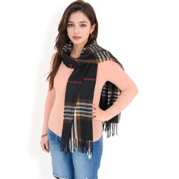 Women's Plaid Pattern Scarf with Fringed Edges and Soft Lightweight Material for Year-Round Use