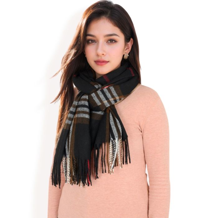 Women's Plaid Pattern Scarf with Fringed Edges and Soft Lightweight Material for Year-Round Use