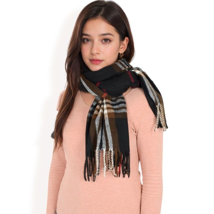 Women's Plaid Pattern Scarf with Fringed Edges and Soft Lightweight Material for Year-Round Use